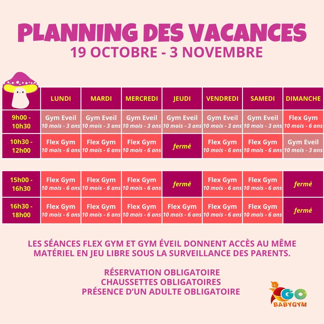 planning des vacances Gobabygym Bourgoin-Jallieu